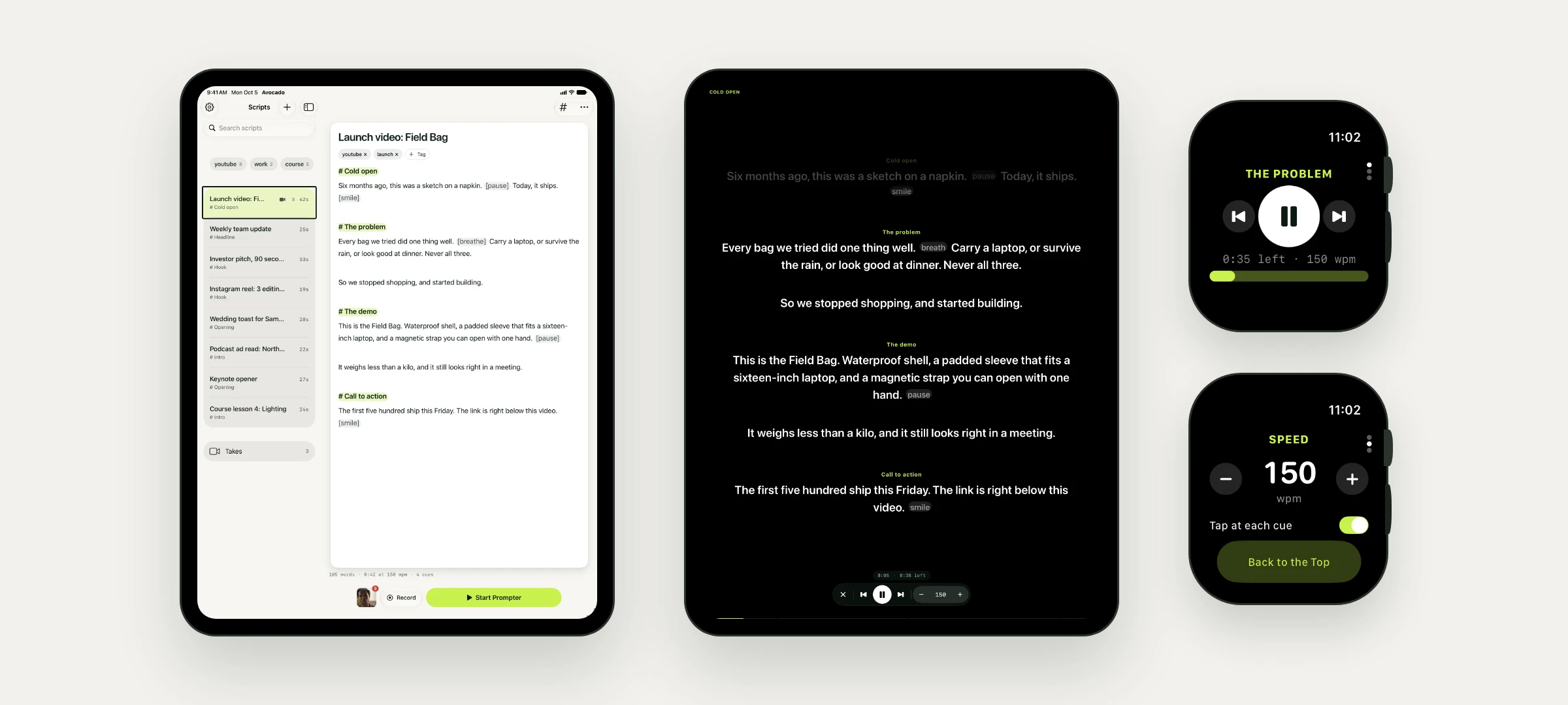 Avocado on two iPads, one showing the script library beside a launch-video script and one showing the full-screen prompter, next to two Apple Watch screens: the remote with play, pause and cue buttons, and the speed page at 150 words per minute