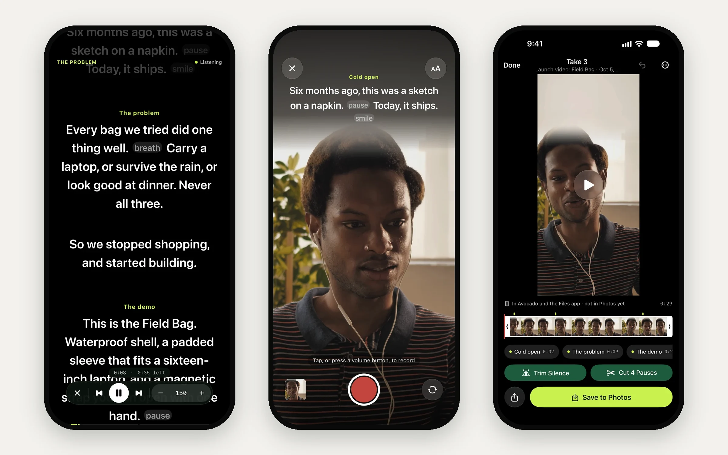 Three iPhone screens from Avocado: the prompter following a script by voice, the recorder with the script over the front camera, and a recorded take with Trim Silence and Cut Pauses buttons