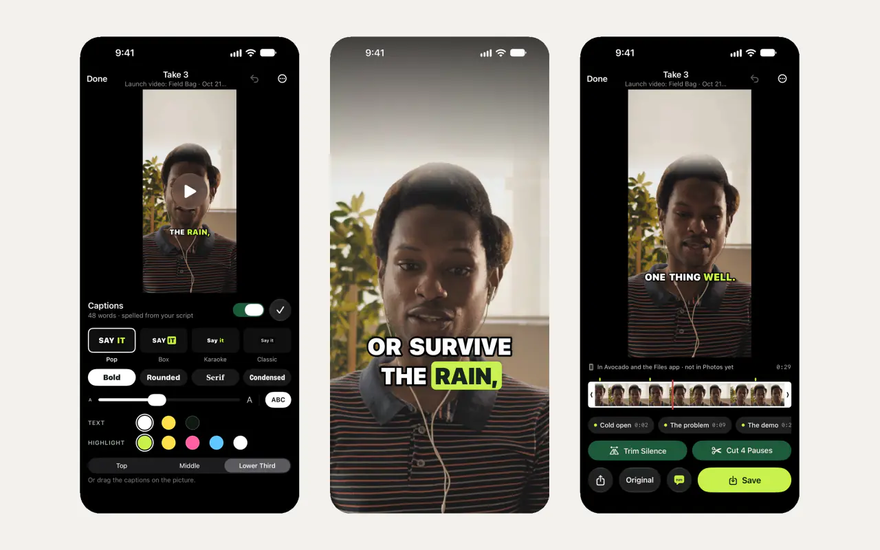 Three iPhone screens from Avocado: the Captions panel with Pop, Box, Karaoke and Classic looks, fonts, colours and position; a full-screen vertical take with large captions highlighting the spoken word; and the take editor with Trim Silence, Cut 4 Pauses and Save