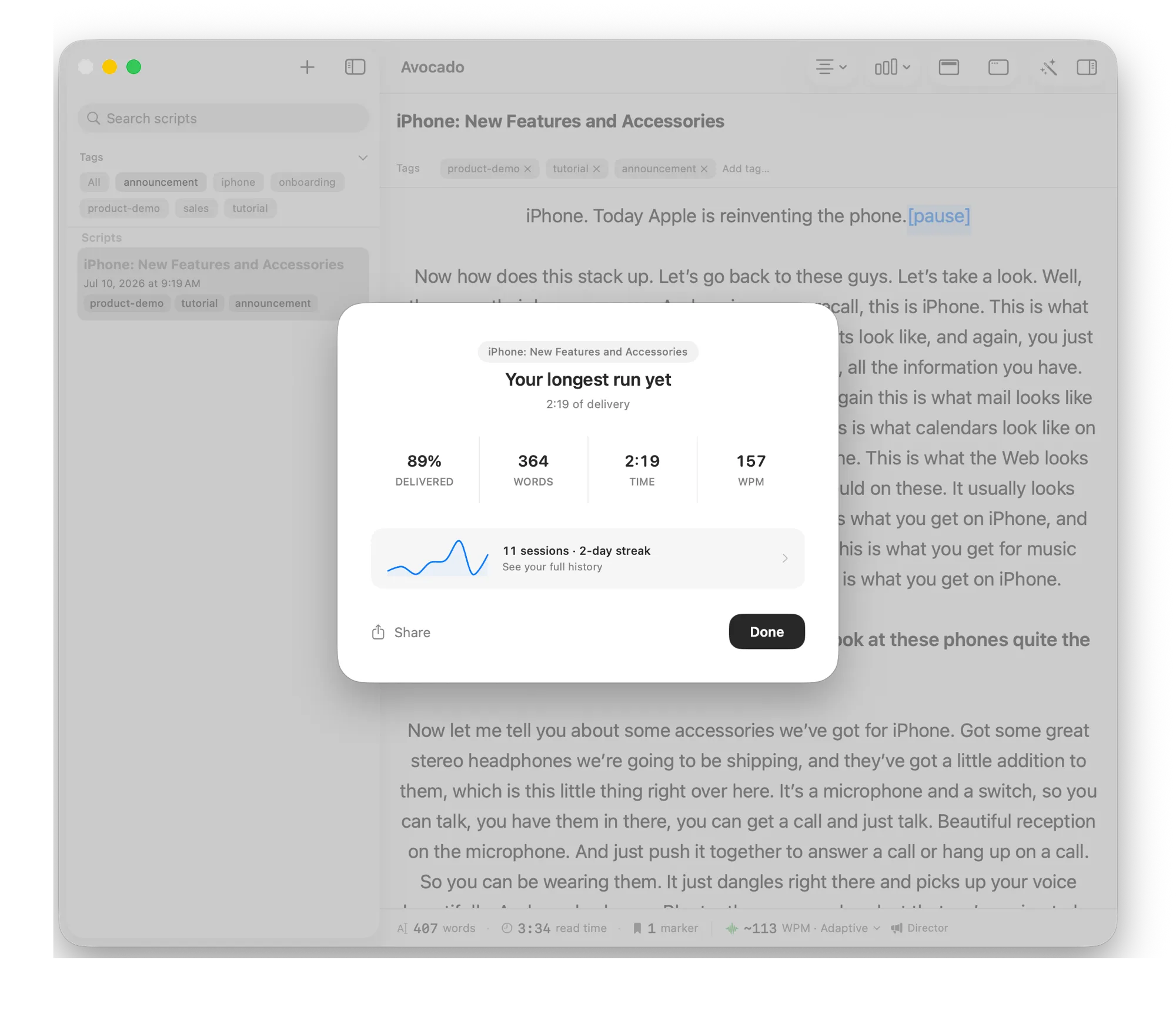 Post-session receipt in Avocado framing the run against the user's own history, with percent delivered, words, time, and pace in WPM, plus a session-count and streak trend strip