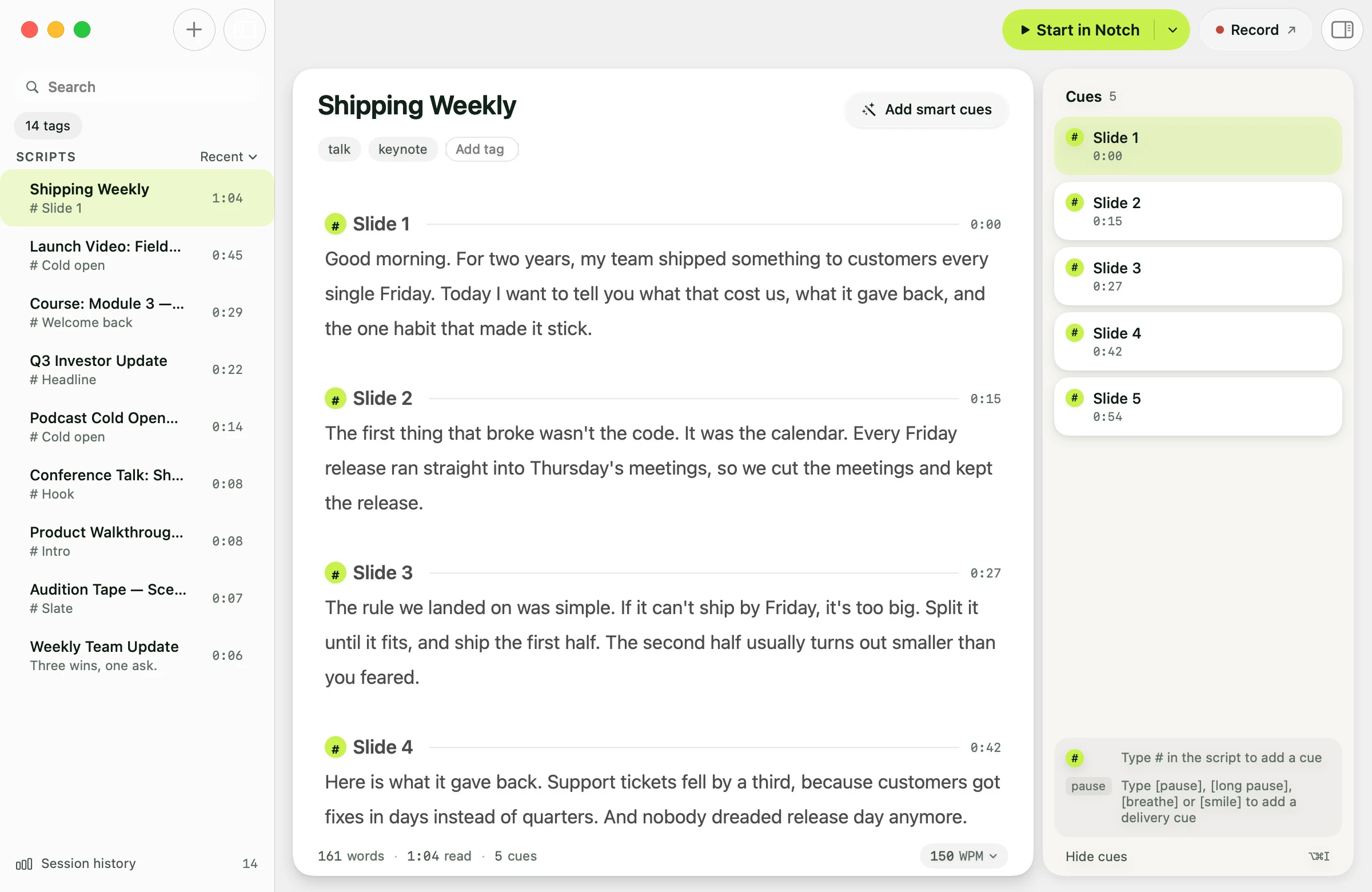 Avocado's editor with a script called Shipping Weekly: each slide's presenter notes under a Slide heading, and a cues list on the right showing Slide 1 to Slide 5 with their start times