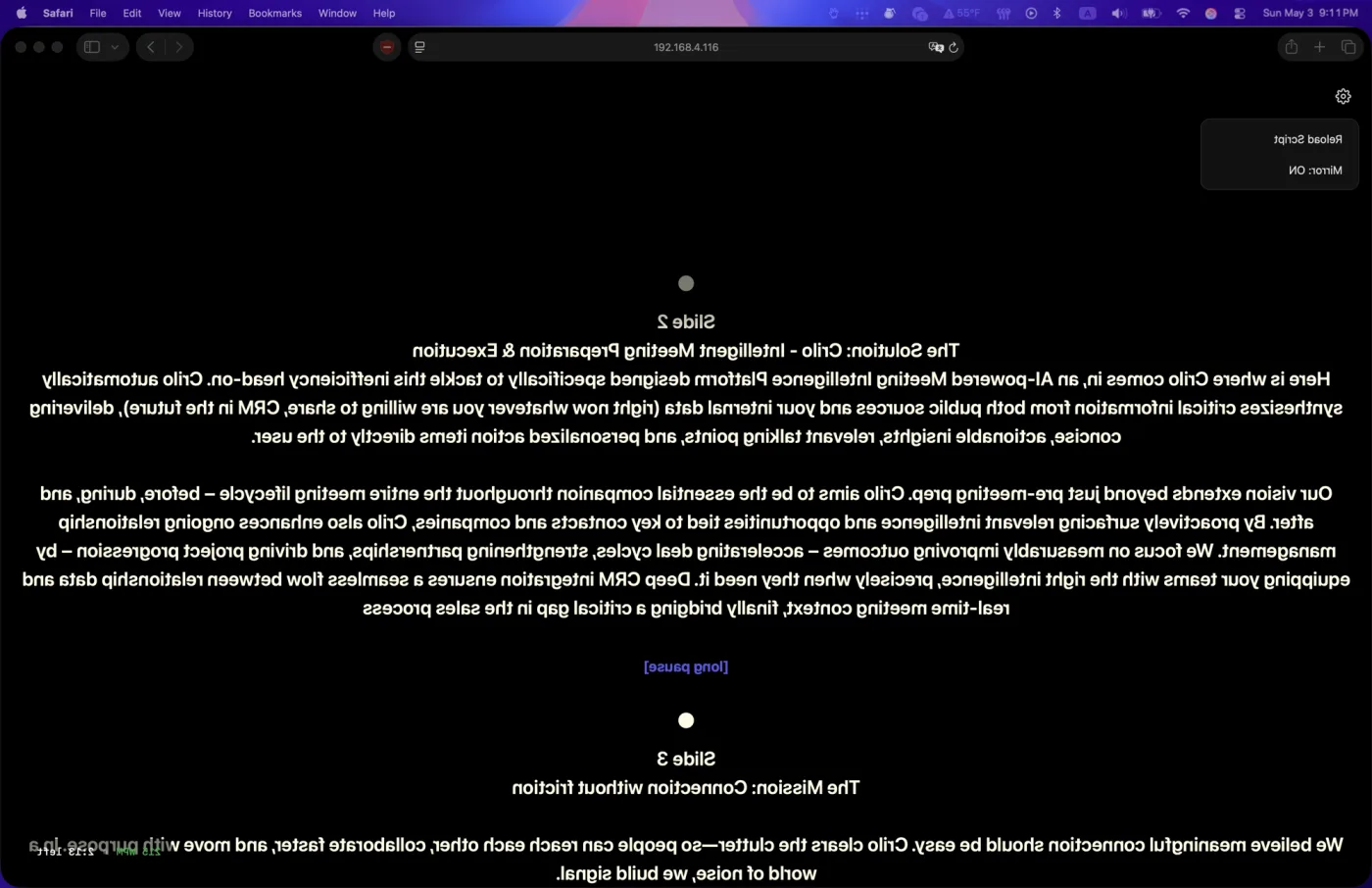 Teleprompter Viewer in Safari with Mirror mode active — all text is horizontally flipped and the Mirror: ON badge is visible in the top right corner