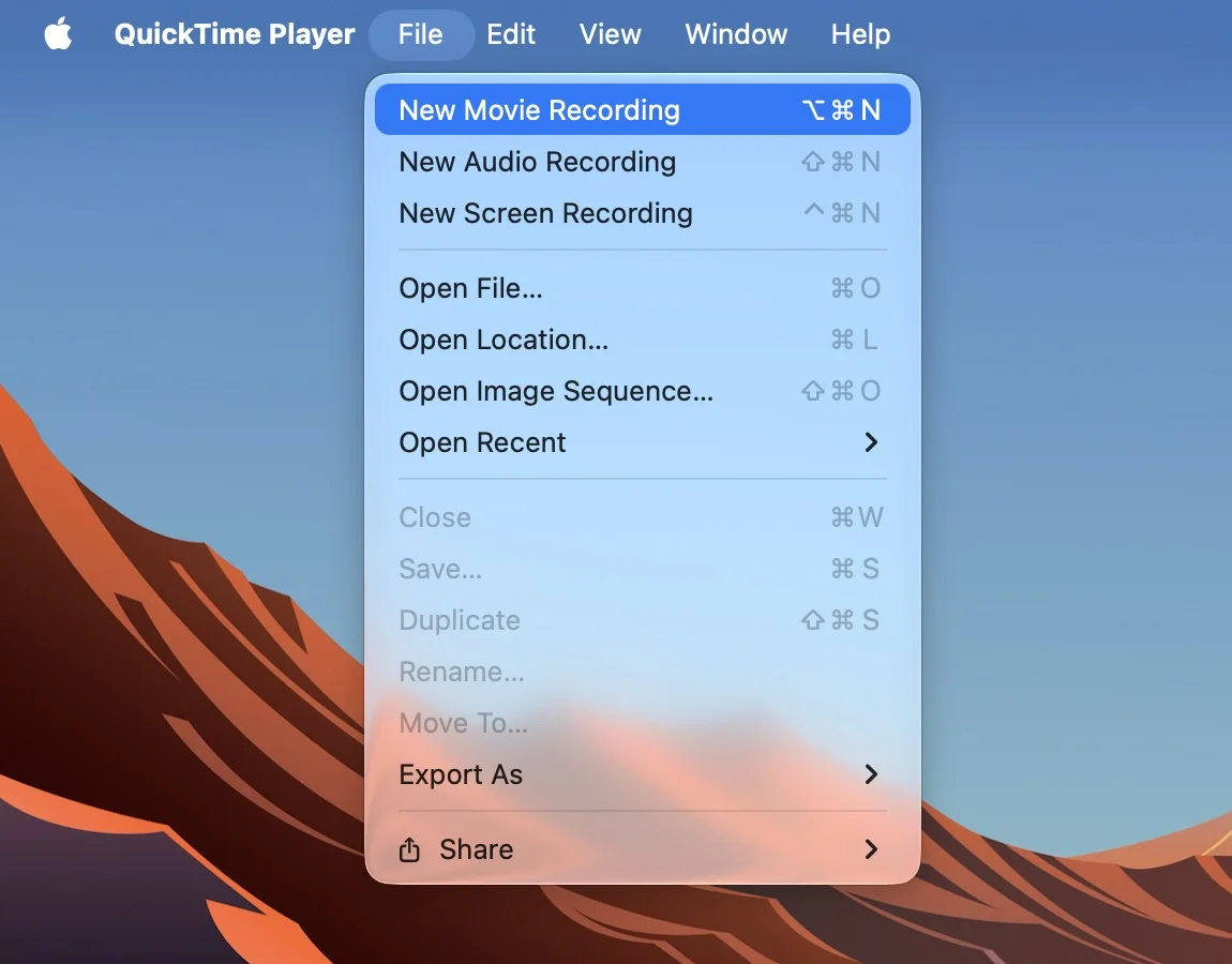 QuickTime Player's File menu open, with New Movie Recording highlighted and its shortcut, Option Command N