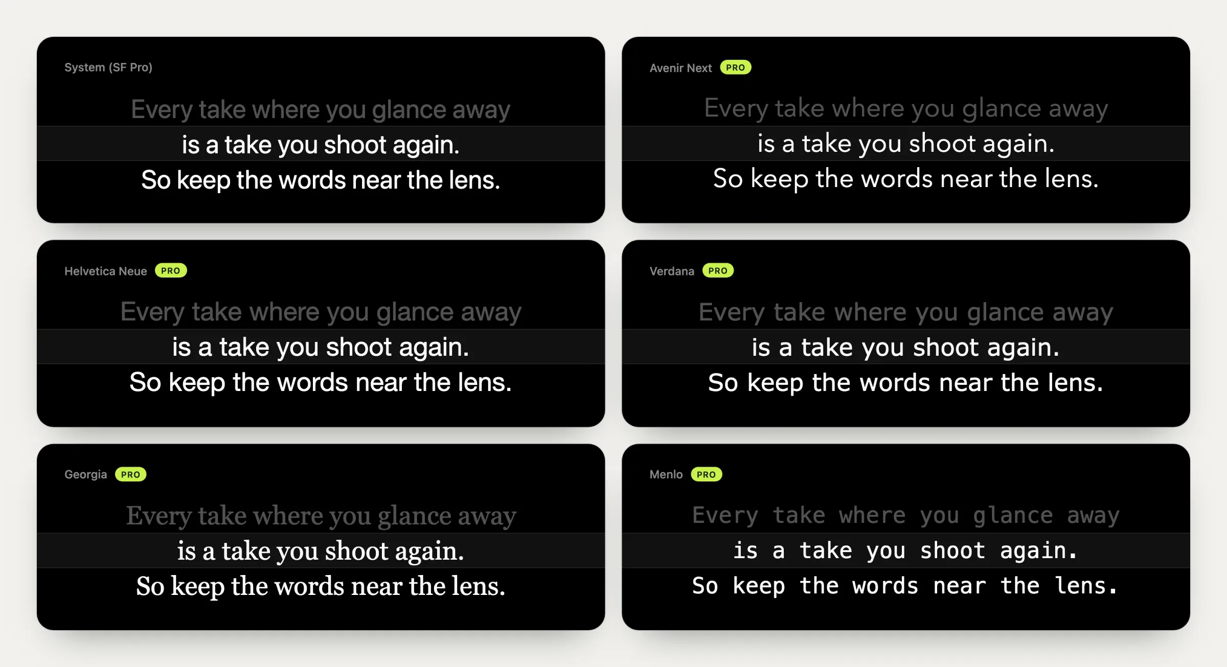The same three prompter lines set white on black in six typefaces: SF Pro, Avenir Next, Helvetica Neue, Verdana, Georgia and Menlo