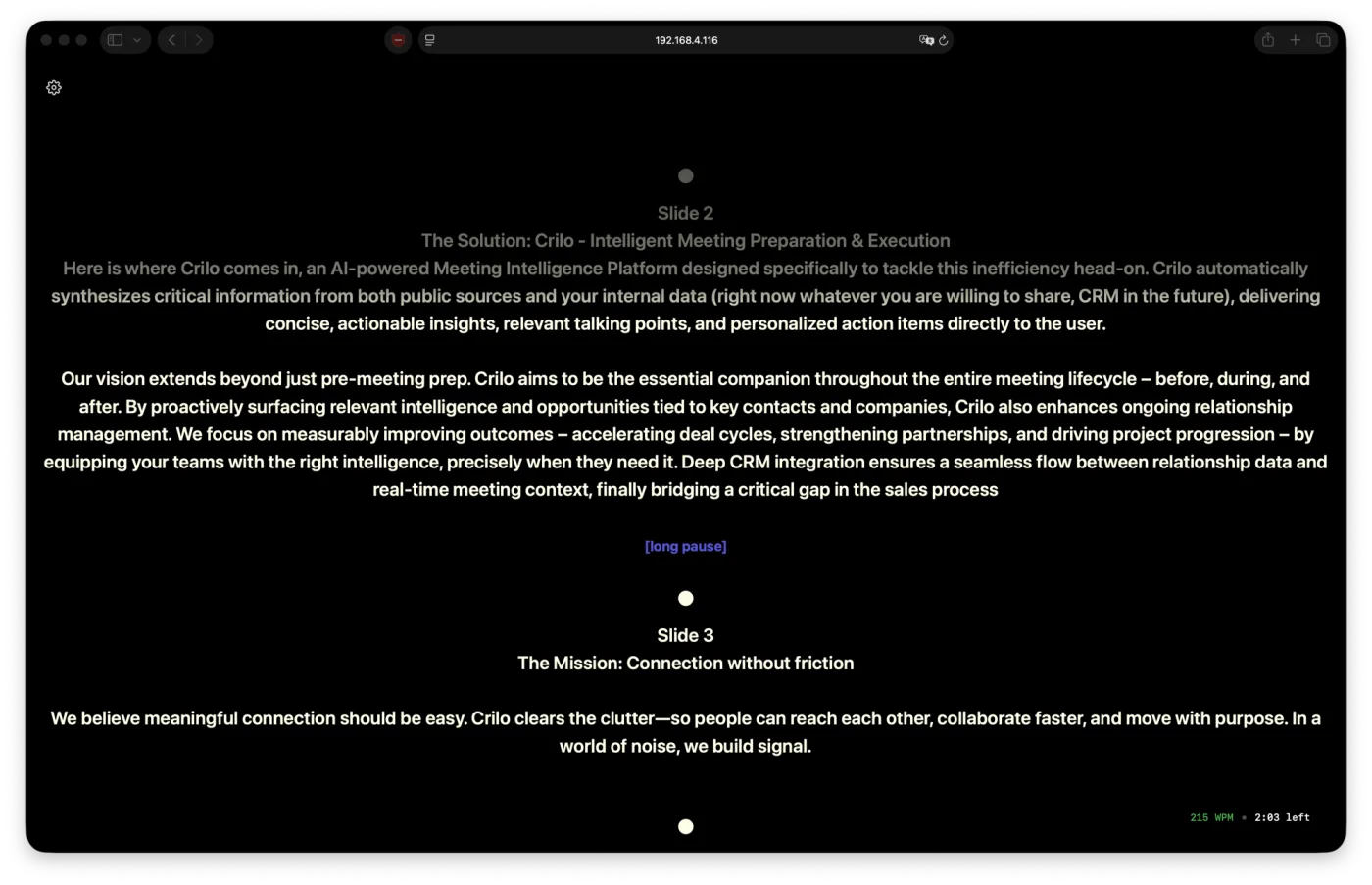 The Teleprompter Viewer running fullscreen in a browser — dark background with large white script text, Script Marker sections visible, Smart Cue pacing markers highlighted, and live WPM and time-remaining stats in the bottom corner