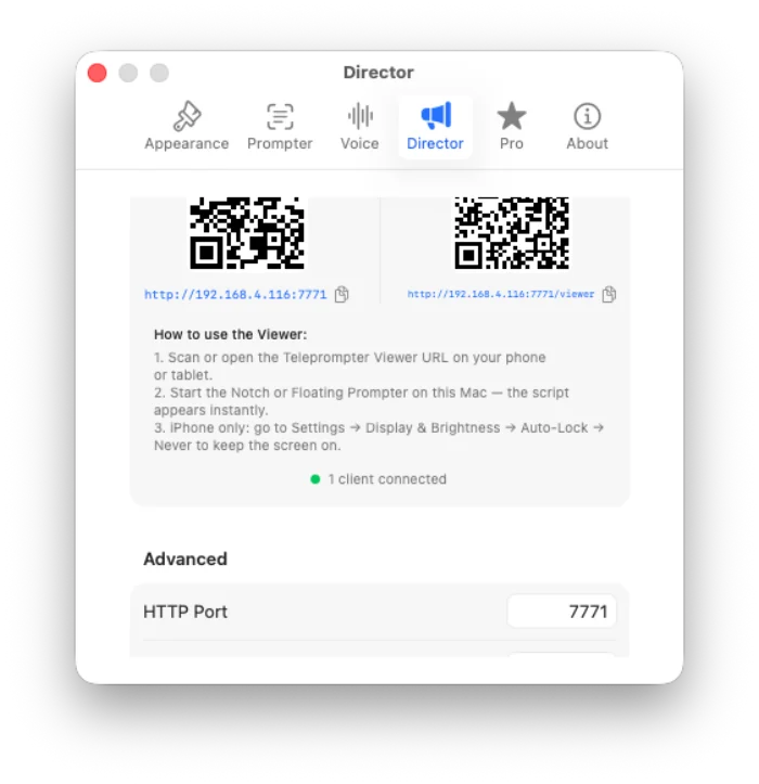 Avocado Director settings panel showing two QR codes — one for the director control URL and one for the Teleprompter Viewer URL — with a green indicator showing 1 client connected