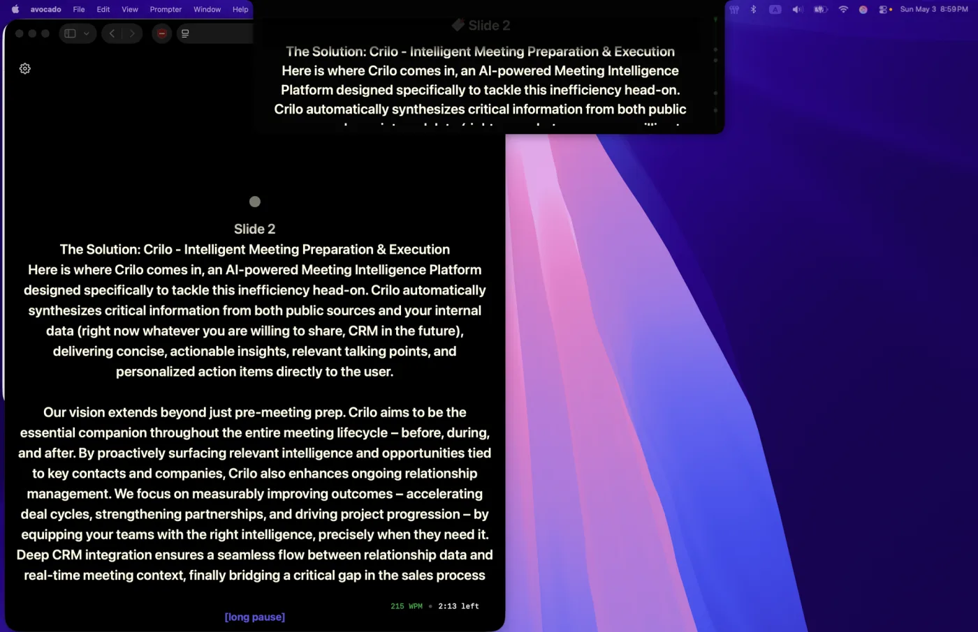 macOS desktop showing Avocado's floating prompter window and the Teleprompter Viewer open in a browser side by side — both displaying the same script content in sync