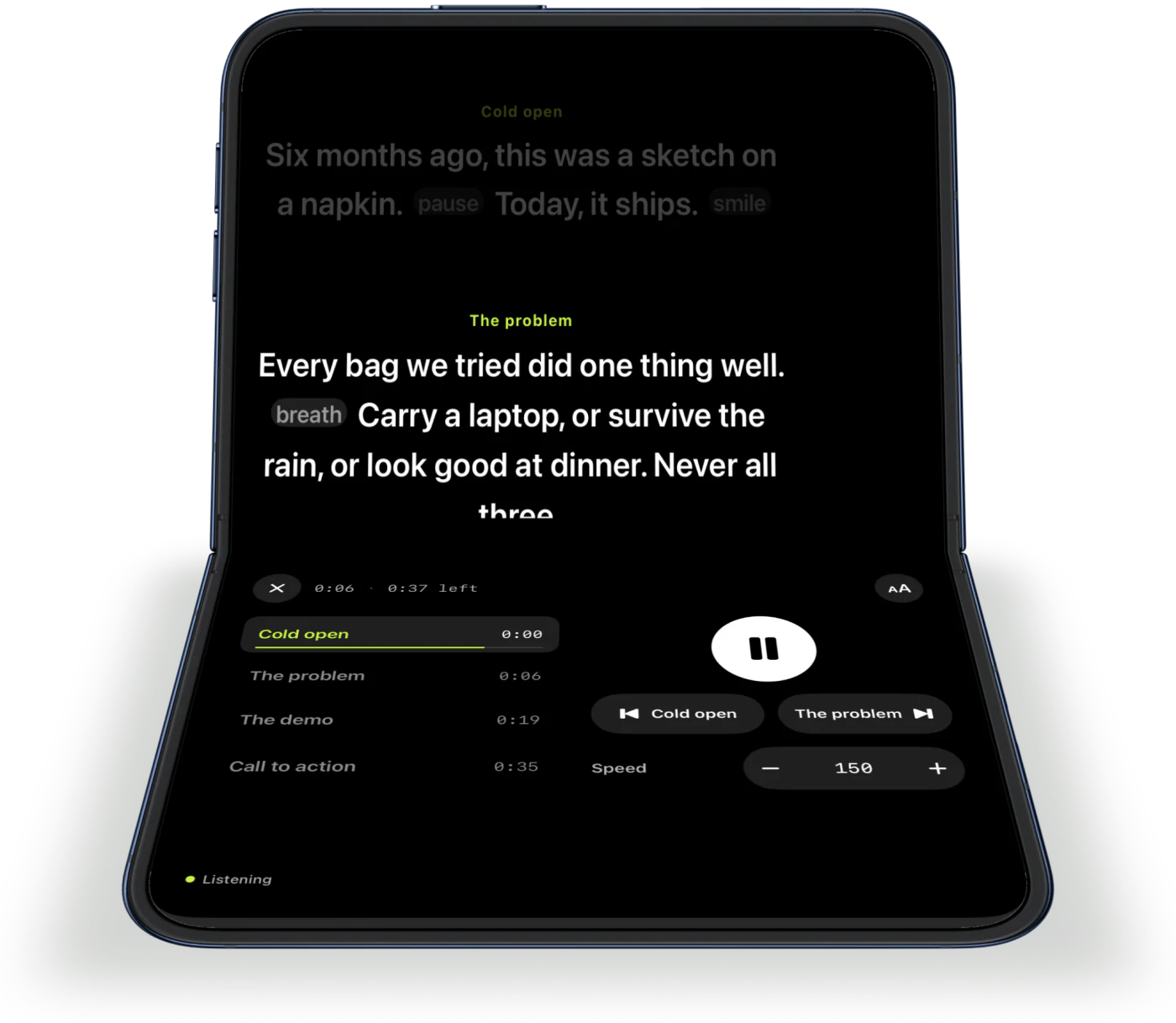iPhone Duo half folded and standing: the script on the upright half, sections, play and speed on the half on the desk