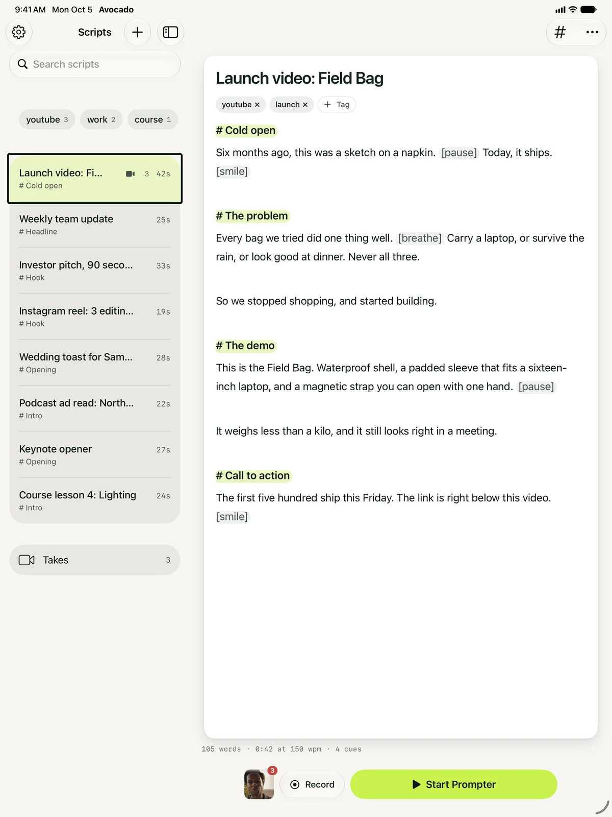 Avocado on iPad: the script library in a sidebar beside the launch-video script