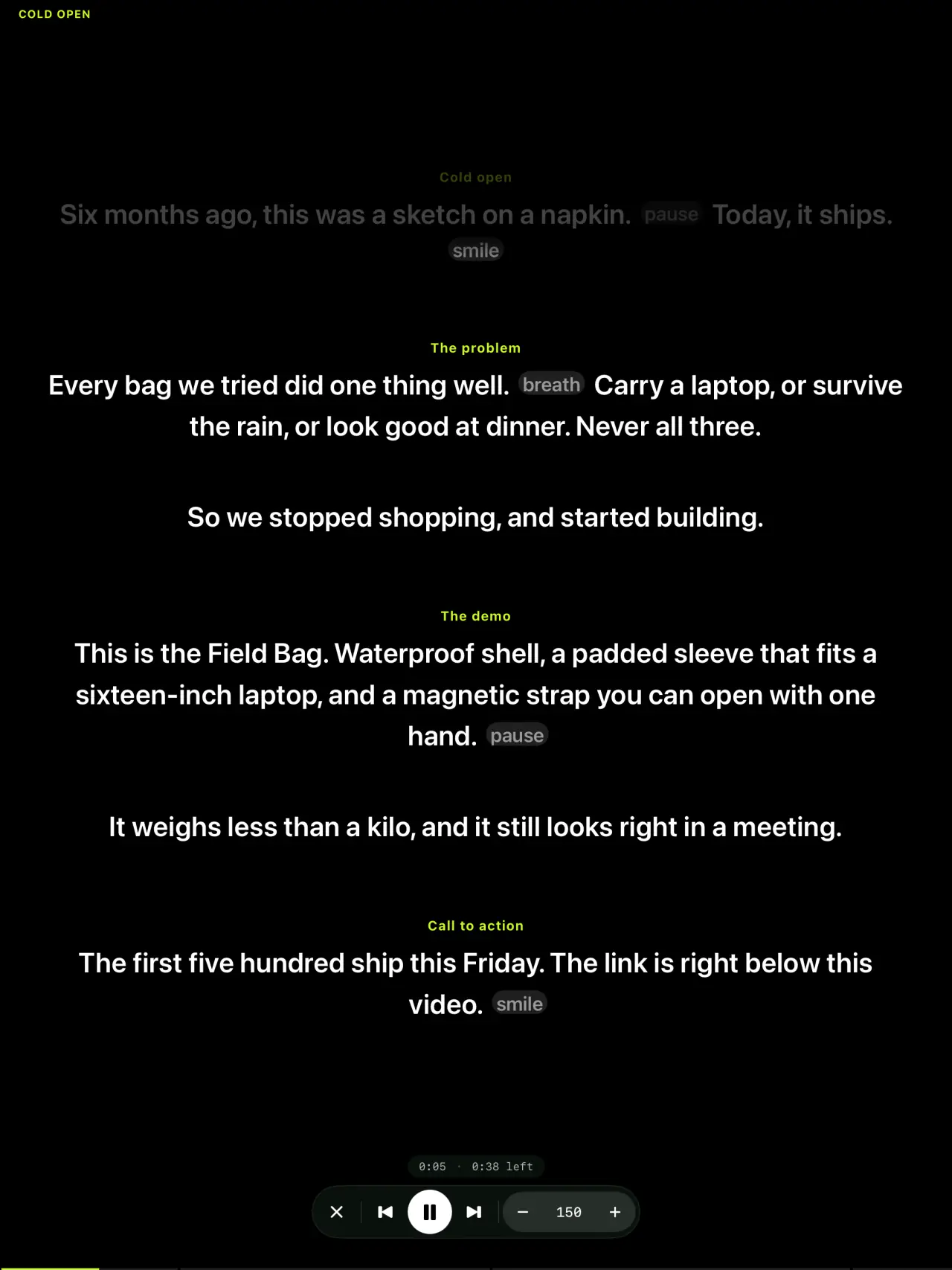 Avocado's prompter full screen on an iPad: a launch-video script in big white type on black, its sections named in green, the lines already read dimmed, and the controls at the bottom set to 150 words a minute