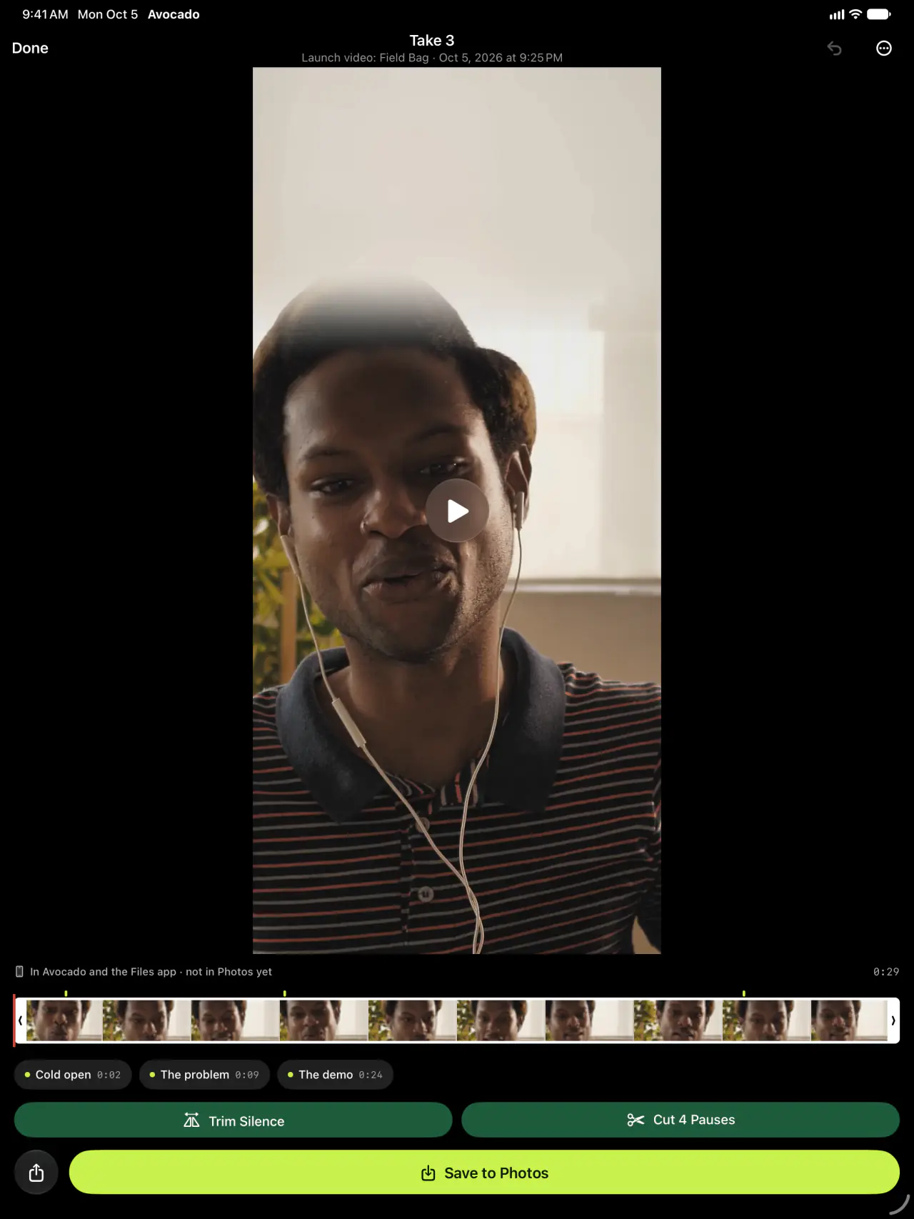 A recorded take on an iPad with its cues on the timeline, Trim Silence, Cut 4 Pauses and Save to Photos