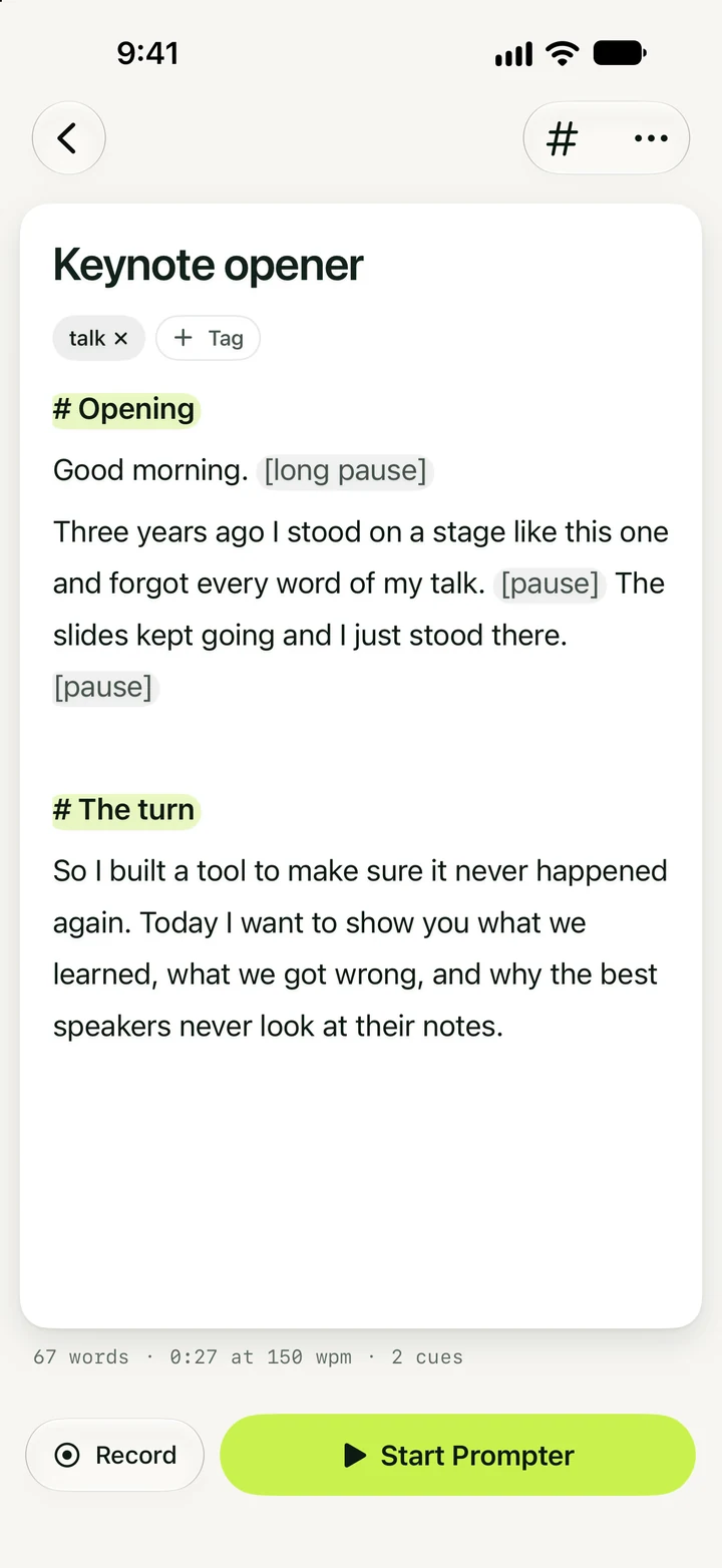 A keynote script after Smart Cues added pauses
