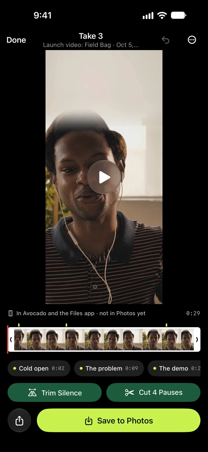 The take editor: the recorded take, its cue stamps on the timeline, and Trim Silence and Cut 4 Pauses