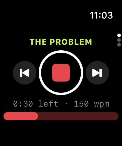 The watch remote while a take records: a red stop button
