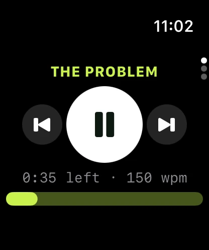 The watch remote: the current cue, a pause button, previous and next cue, and the time left