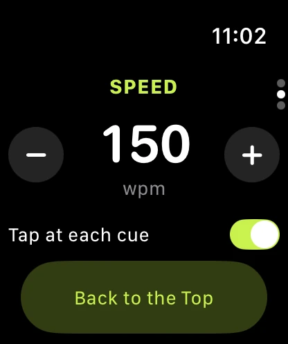 The watch's speed page: 150 words per minute, minus and plus, and Tap at each cue
