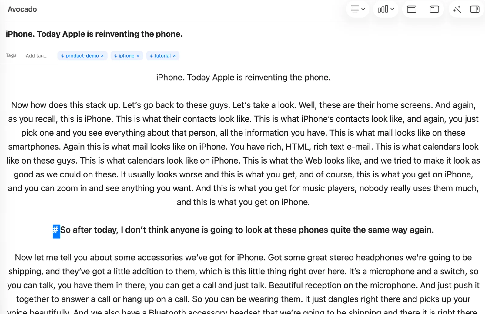 An Avocado script auto-named by Apple Intelligence, with auto-suggested tags above the text