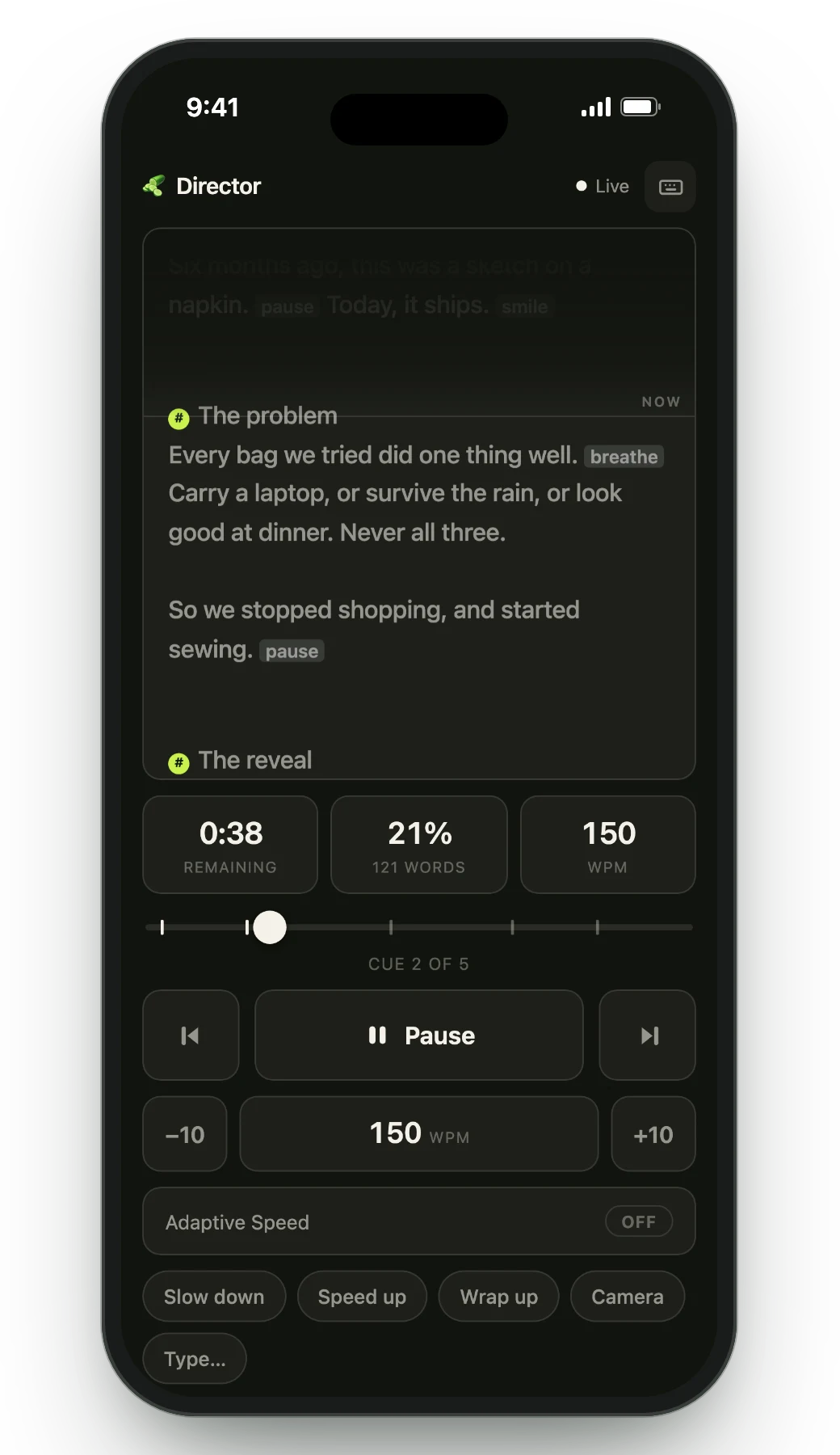 The Director remote on a phone: live script, time left, cue position and pace controls