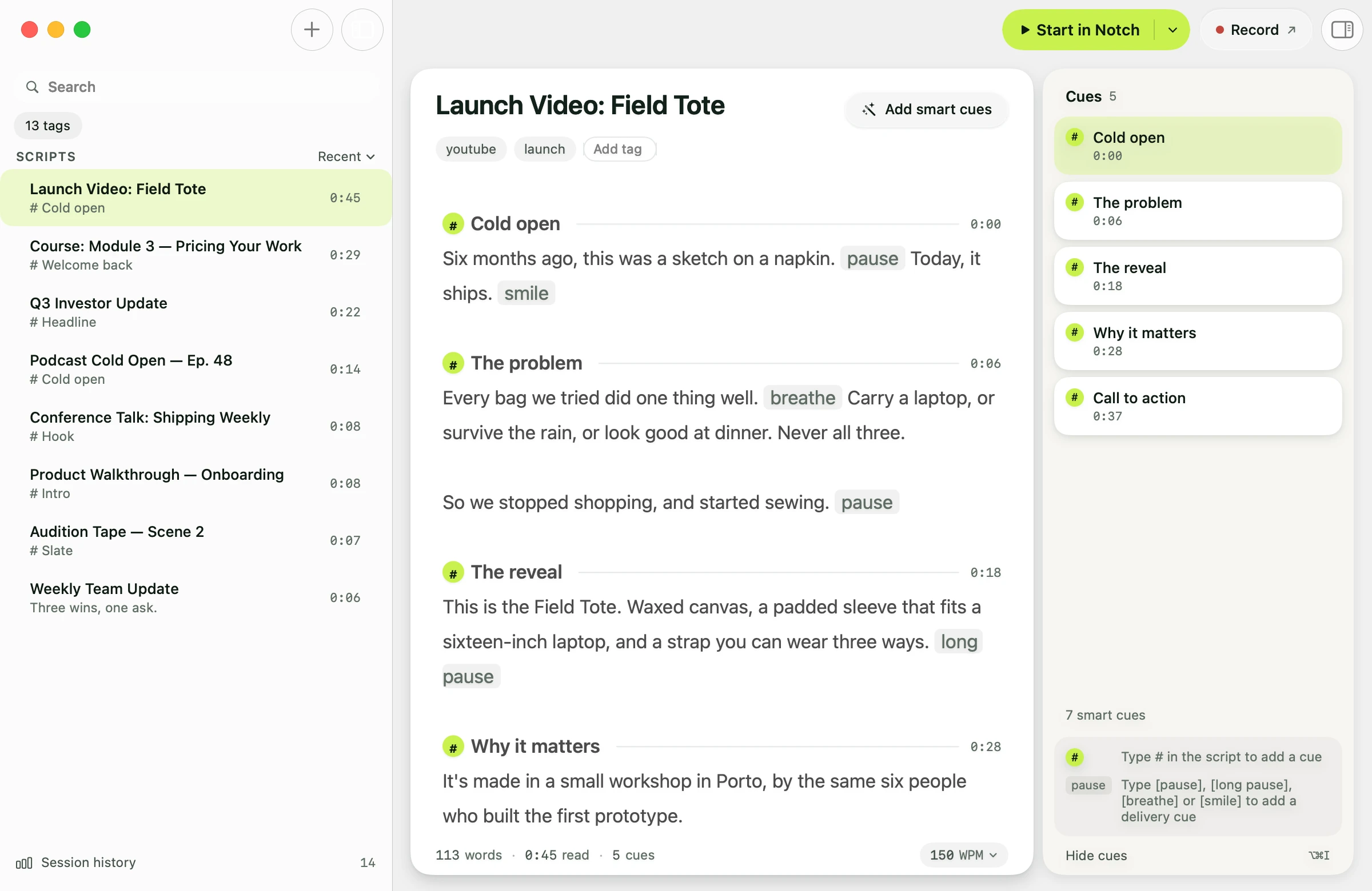 The Avocado editor: a script library, a launch-video script with cue headings and arrival times, and the cues list