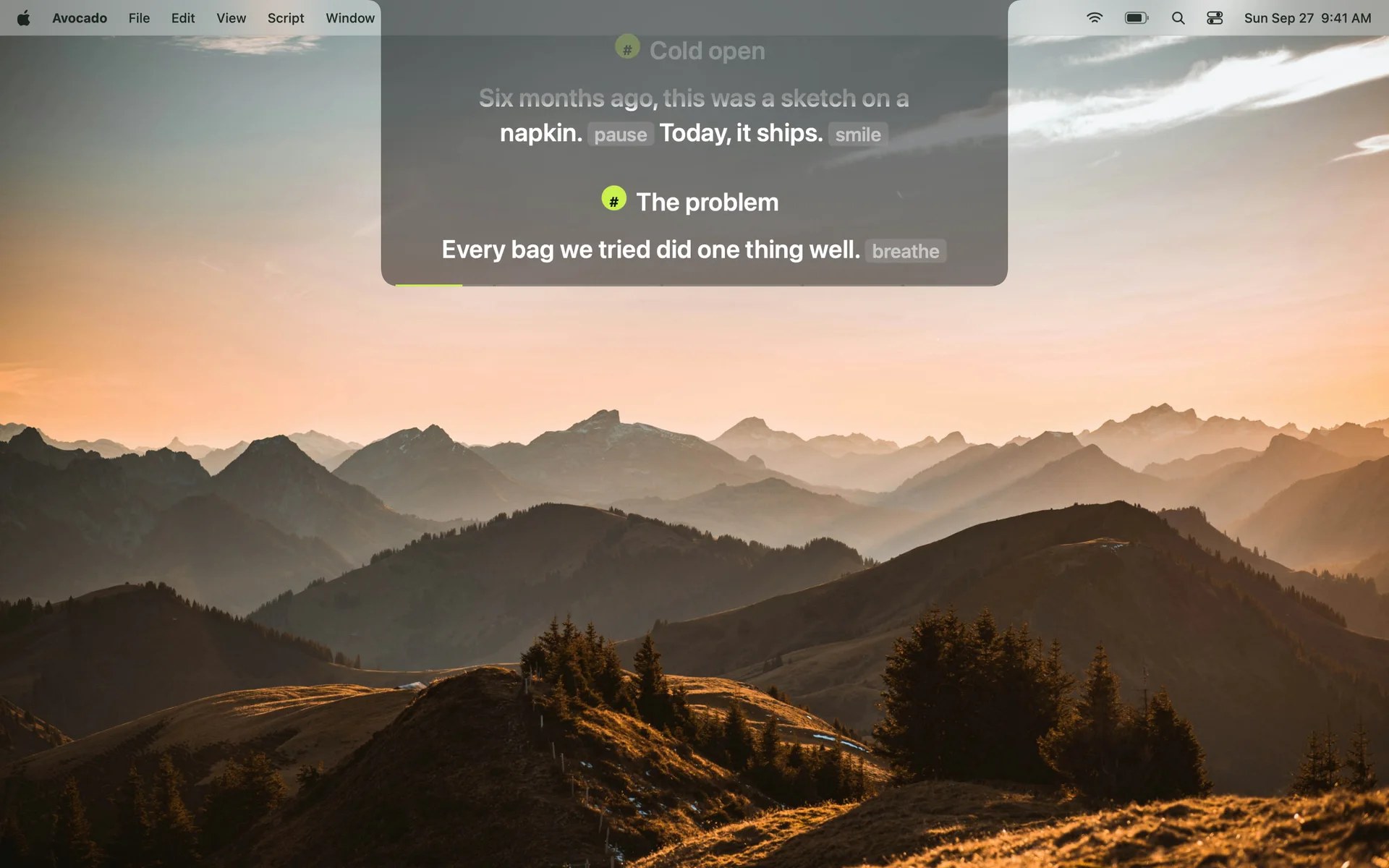 A script reading in the MacBook Pro notch on a real laptop, the panel see-through against the desktop wallpaper, with already-read lines dimmed
