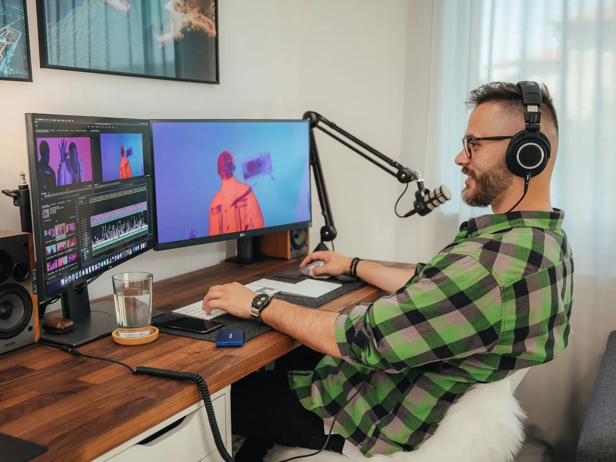 A streamer with headphones and a microphone at a two-monitor desk