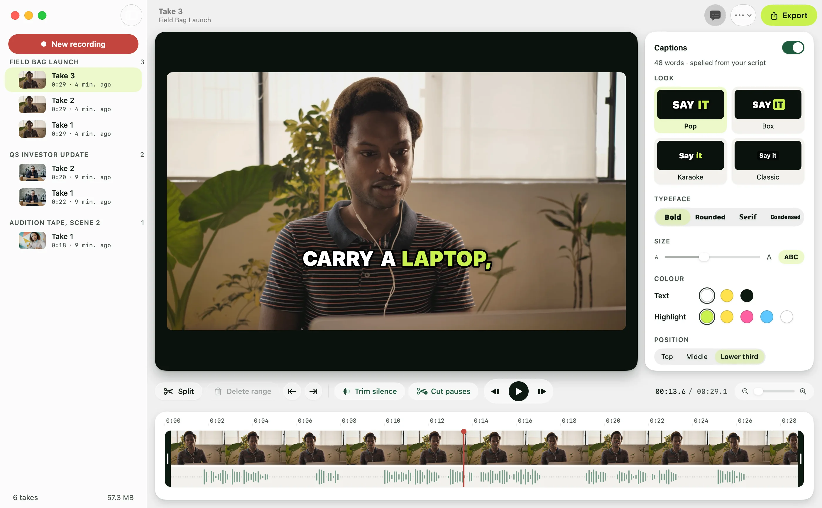 Recording Studio with a take open: Pop captions on the picture, and the Captions panel beside it with four looks, typefaces, size, colours and position