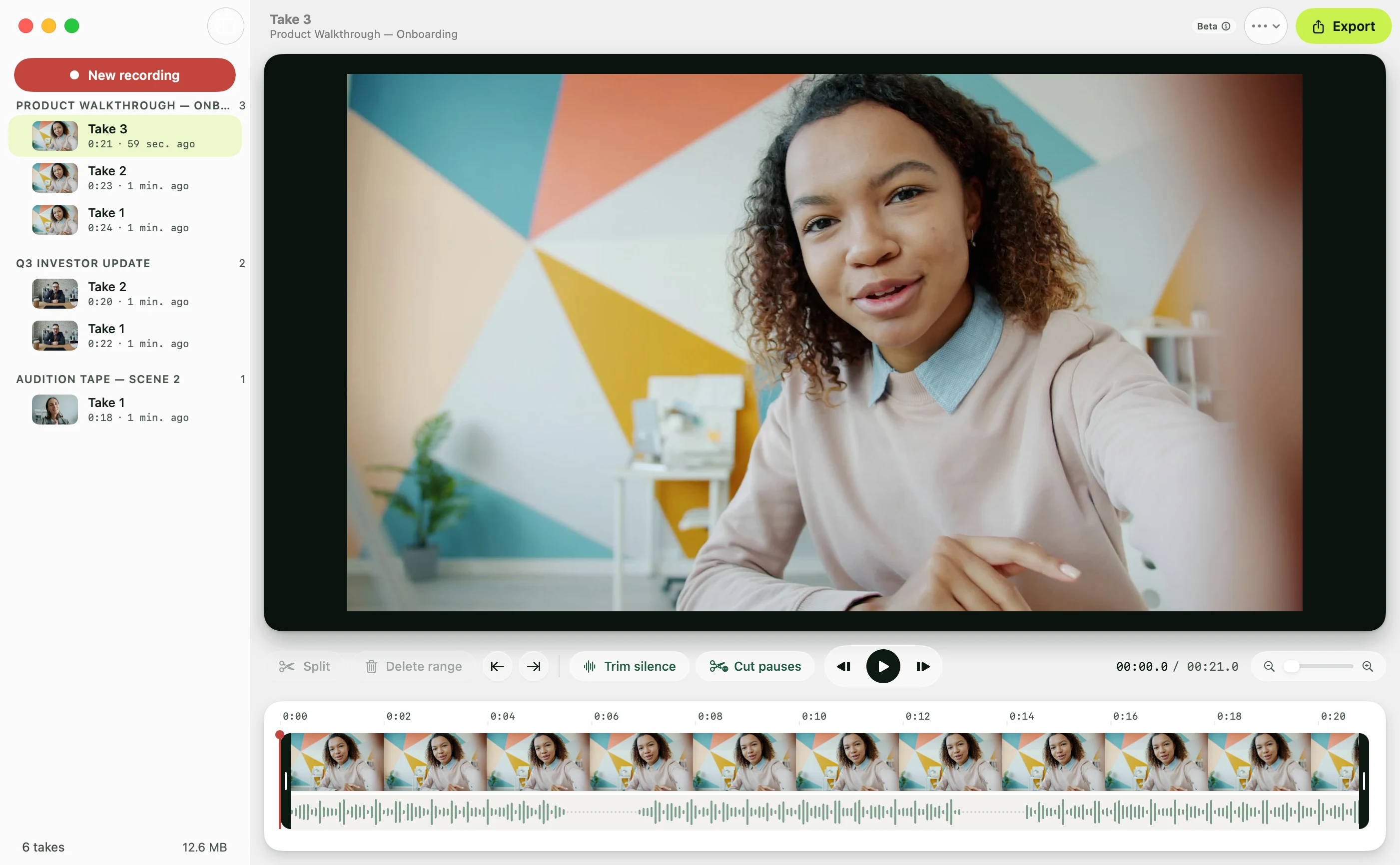 Recording Studio: takes grouped by script, a take playing, and a timeline with filmstrip and waveform