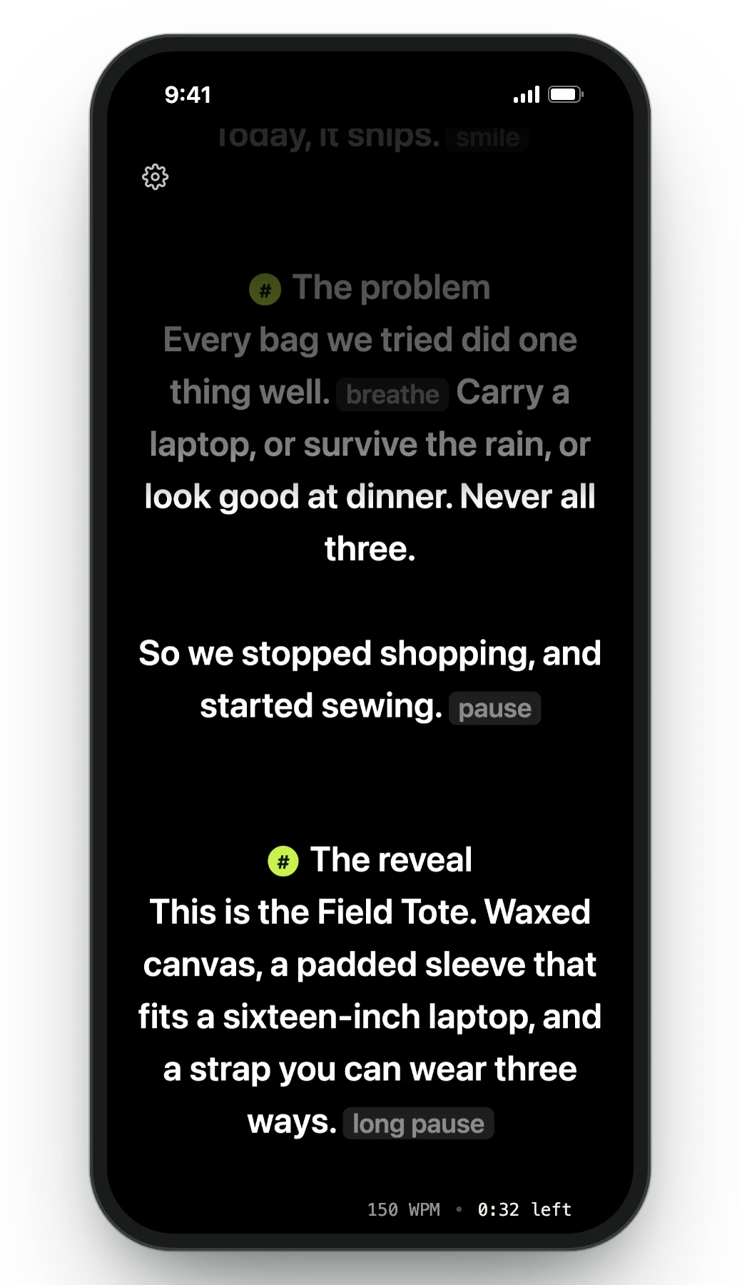 The Teleprompter Viewer on a phone, showing the script in sync with the Mac